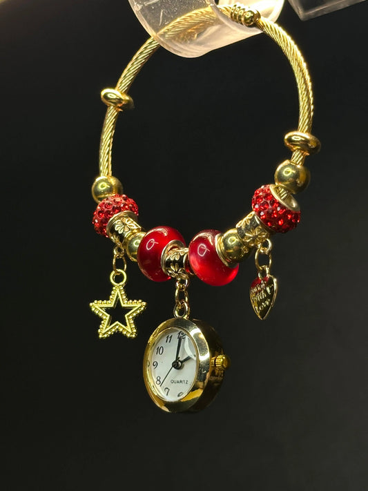 Golden Bangle Bracelet Watch with Star & Heart Charms Zyro