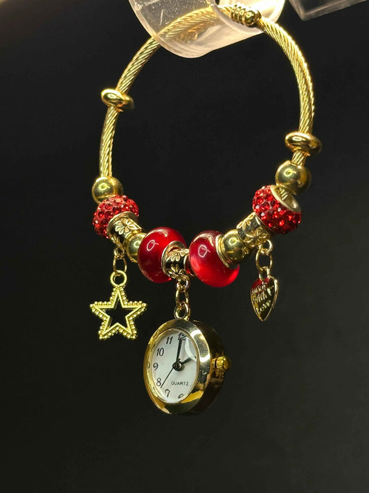 Golden Bangle Bracelet Watch with Star & Heart Charms