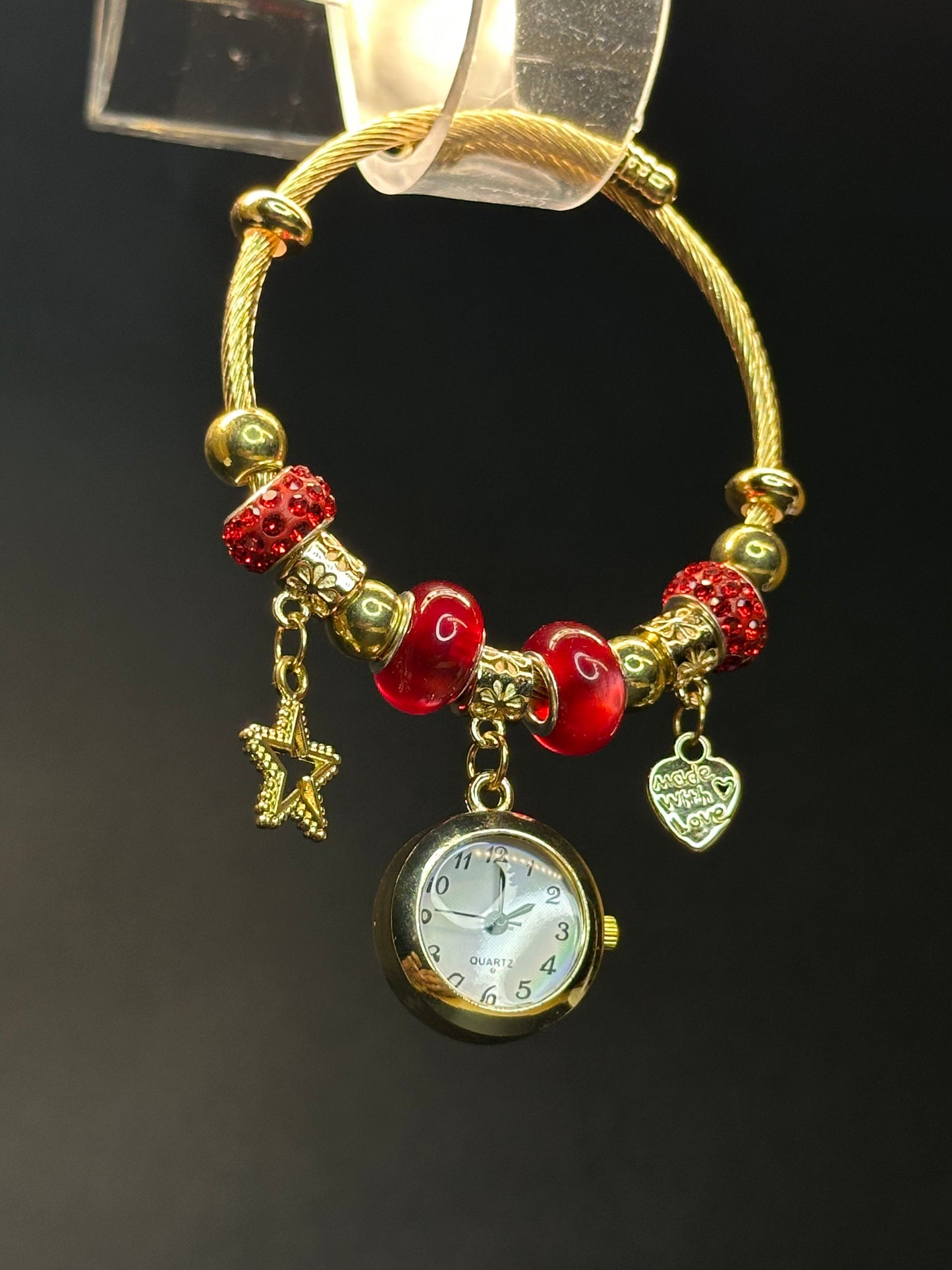 Golden Bangle Bracelet Watch with Star & Heart Charms