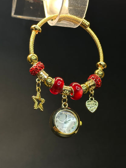 Golden Bangle Bracelet Watch with Star & Heart Charms
