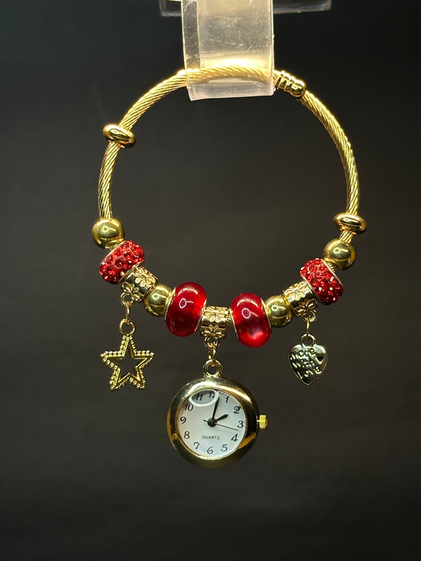 Golden Bangle Bracelet Watch with Star & Heart Charms